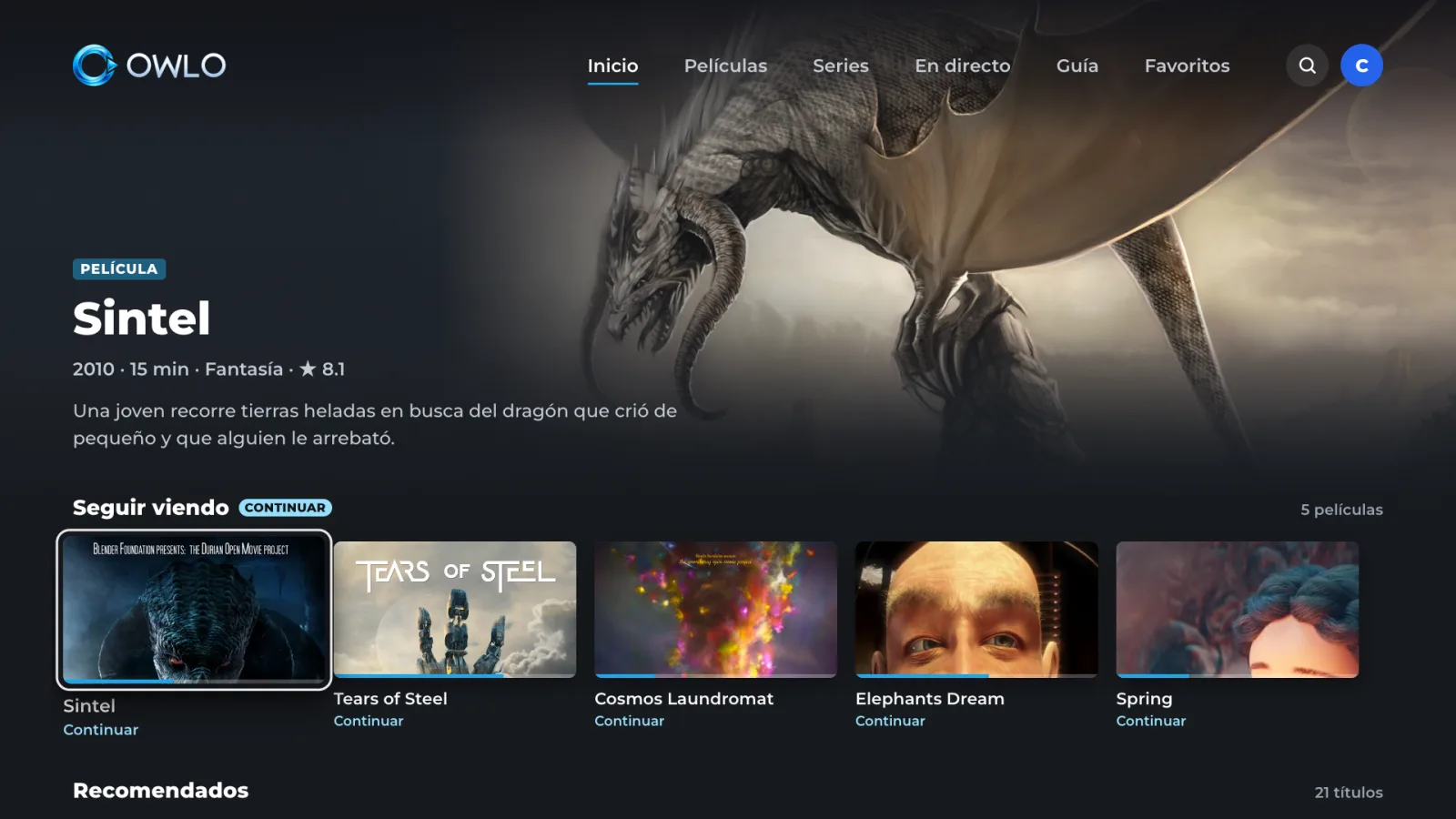 Fila «Seguir viendo» en el televisor