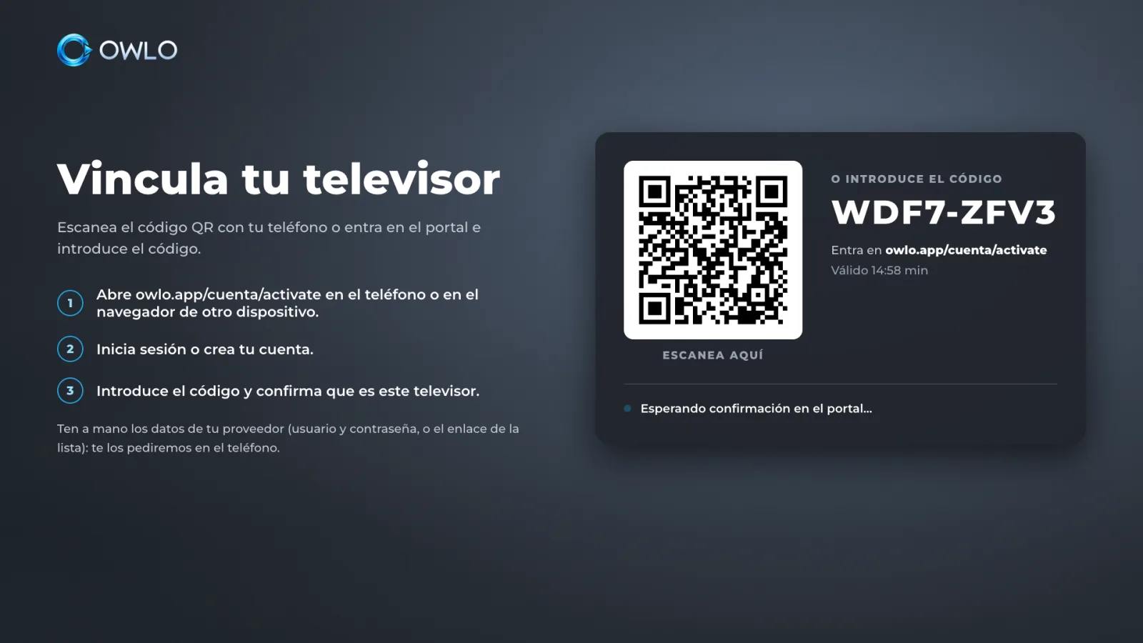 Pantalla de vinculación con código QR
