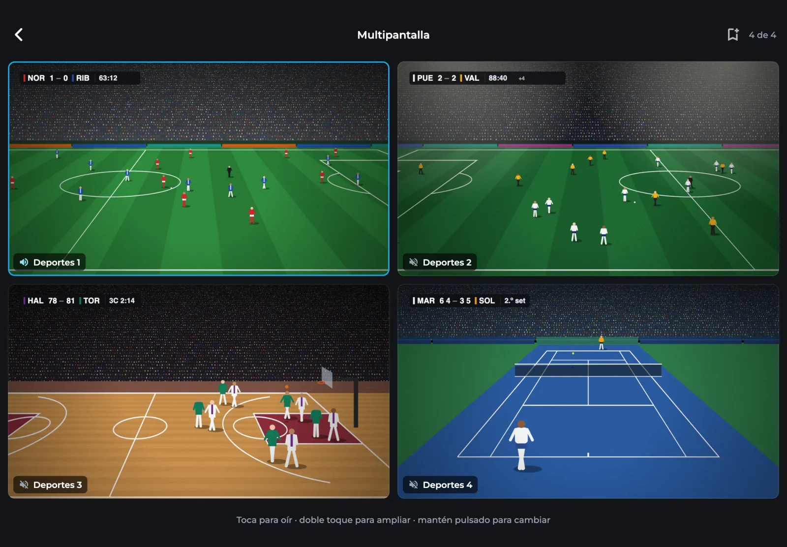 Multipantalla en una tablet con cuatro retransmisiones deportivas a la vez