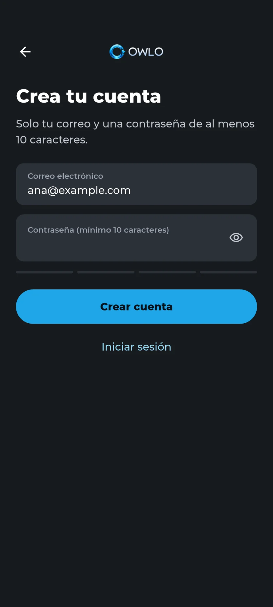 Crear la cuenta en la app del móvil